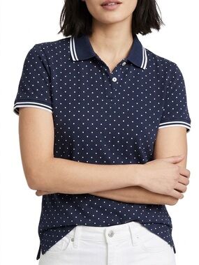 L.L. BEAN Navy Blue Polka Dot Polo Shirt Relaxed Fit Short Sleeve Size Medium